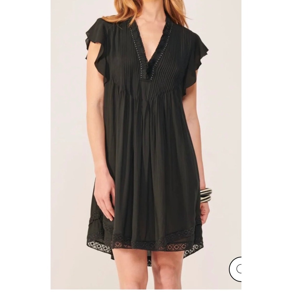 Poupette St. Barth Sasha Black V-Neck Pintuck Pleat Lace Hem A-Line Mini Dress S